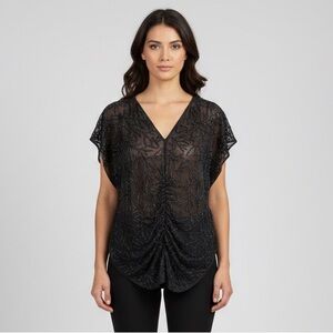 Vintage Black Beaded Silk Chiffon Sleeveless V-Neck Tunic Top w/ Ruching - M / L